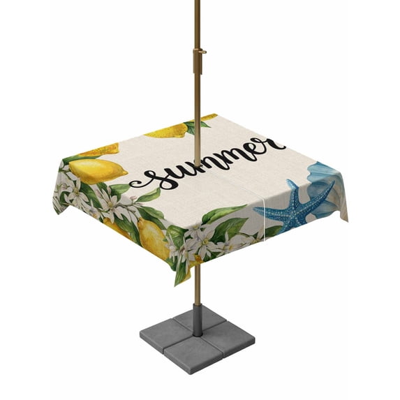 Outdoor Tablecloth with Umbrella Hole for Patio/Picnic/Party/Camping, Summer Lemon Waterproof Table Cloth Square Cover Washable, Coastal Starfish Shells Pastoral Floral Vintage (54"x 54")