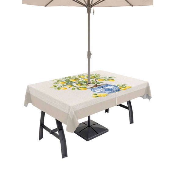 Outdoor Tablecloth with Umbrella Hole for Patio/Picnic/Party/Camping, Summer Lemons Waterproof Table Cloth Rectangle Table Cover Washable, Brown Beige Farmhouse Botanical Linen (52"x 70")