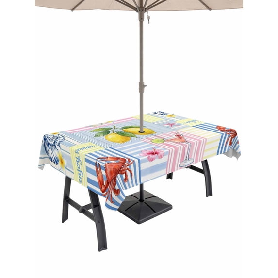 Outdoor Tablecloth with Umbrella Hole for Patio/Picnic/Party/Camping, Summer Lemons Waterproof Table Cloth Rectangle Table Cover Washable, Coastal Nautical Shell Crab Pink Floral (54"x 80")
