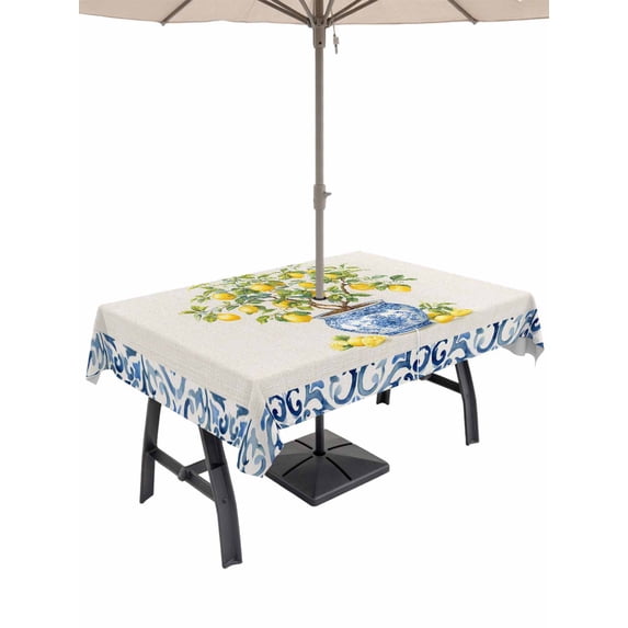 Outdoor Tablecloth with Umbrella Hole for Patio/Picnic/Party/Camping, Summer Lemons Waterproof Table Cloth Rectangle Table Cover Washable, Farmhouse Fruit Blue Geometric Beige Linen (60"x 120")