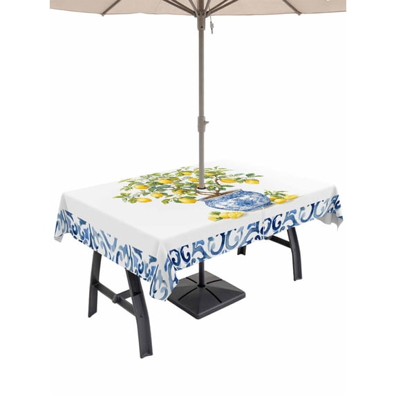 Outdoor Tablecloth with Umbrella Hole for Patio/Picnic/Party/Camping, Summer Lemons Waterproof Table Cloth Rectangle Table Cover Washable, Farmhouse Fruit Blue Geometric Watercolor (52"x 70")