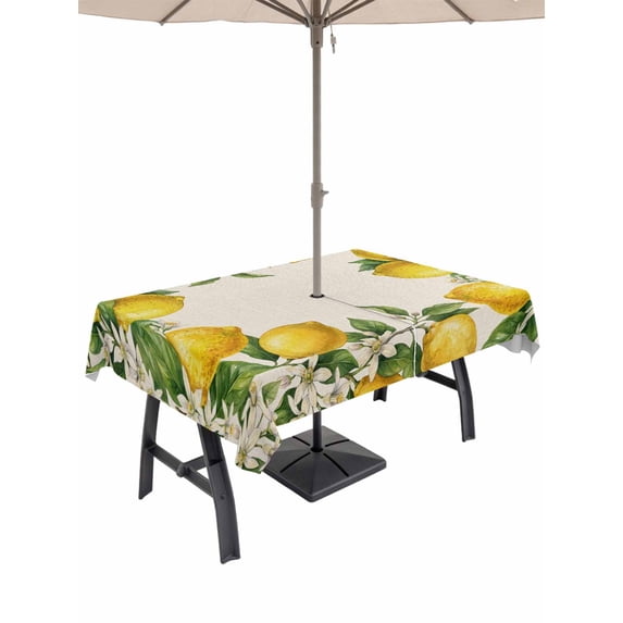 Outdoor Tablecloth with Umbrella Hole for Patio/Picnic/Party/Camping, Summer Lemons Waterproof Table Cloth Rectangle Table Cover Washable, Fruits White Flowers Vintage Rustic (60"x 102")