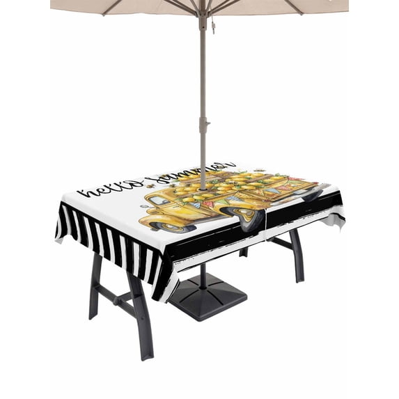 Outdoor Tablecloth with Umbrella Hole for Patio/Picnic/Party/Camping, Summer Lemons Waterproof Table Cloth Rectangle Table Cover Washable, Modern Country Truck Bees Black Striped (60"x 84")