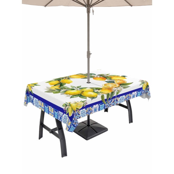 Outdoor Tablecloth with Umbrella Hole for Patio/Picnic/Party/Camping, Summer Lemons Waterproof Table Cloth Rectangle Table Cover Washable, Modern Yellow Fruit Flower Blue Ethnic Plaid (54"x 80")