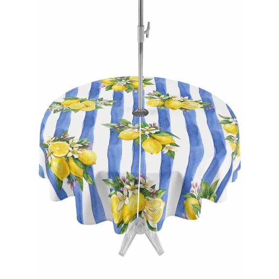 Outdoor Tablecloth with Umbrella Hole for Patio/Picnic/Party/Camping, Summer Lemons Waterproof Table Cloth Round Cover Washable, Modern Watercolor Fruit Flowers Blue Striped (Dia 54")