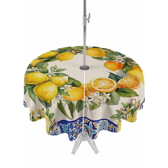 Outdoor Tablecloth with Umbrella Hole for Patio/Picnic/Party/Camping, Summer Lemons Waterproof Table Cloth Round Cover Washable, Vintage Yellow Fruit Flower Blue Ethnic Plaid (Dia 54")