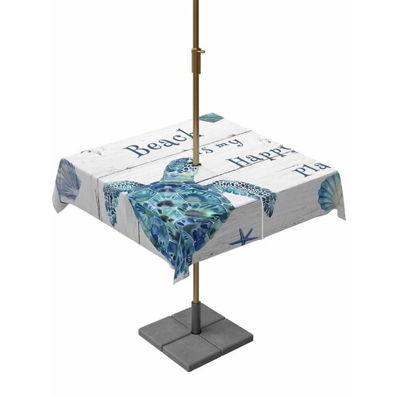 Outdoor Tablecloth with Umbrella Hole for Patio/Picnic/Party/Camping, Summer Marine Life Waterproof Table Cloth Square Cover Washable, Ocean Turtle Coral Shells Wooden Gray (60"x 60")
