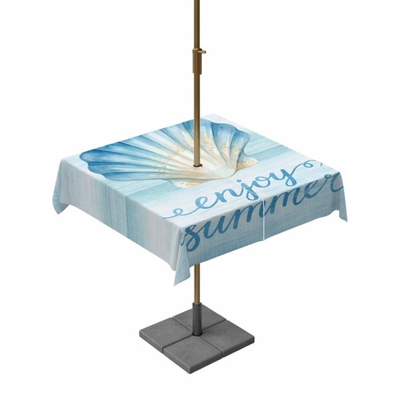 Outdoor Tablecloth with Umbrella Hole for Patio/Picnic/Party/Camping, Summer Marine Shell Waterproof Table Cloth Square Cover Washable, Watercolor Ocean Shell Ombre Blue (60"x 60")
