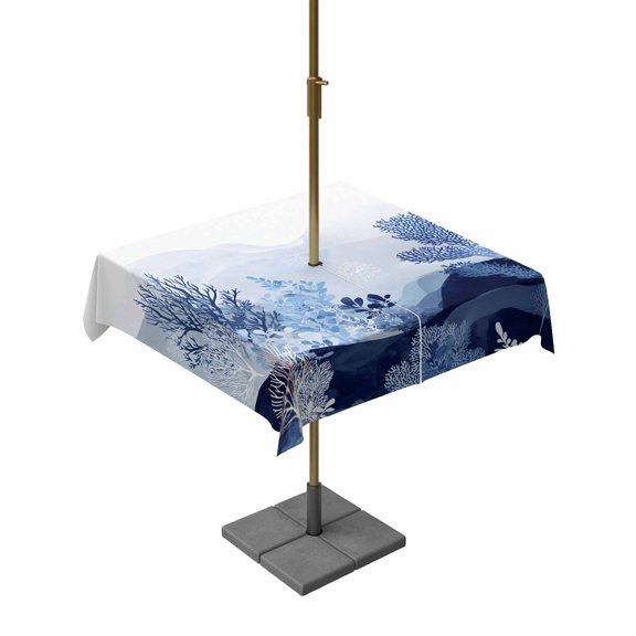 Outdoor Tablecloth with Umbrella Hole for Patio/Picnic/Party/Camping, Summer Nautical Coastal Waterproof Table Cloth Square Cover Washable, Ocean Coral Waves Ombre Blue (54"x 54")