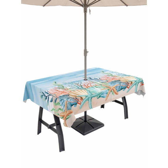 Outdoor Tablecloth with Umbrella Hole for Patio/Picnic/Party/Camping, Summer Nautical Waterproof Table Cloth Rectangle Table Cover Washable, Coastal Beach Starfish Coral Shell Blue (60"x 102")