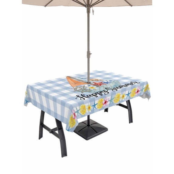 Outdoor Tablecloth with Umbrella Hole for Patio/Picnic/Party/Camping, Summer Nautical Waterproof Table Cloth Rectangle Table Cover Washable, Happy Summer Coastal Blue Checkered (54"x 80")