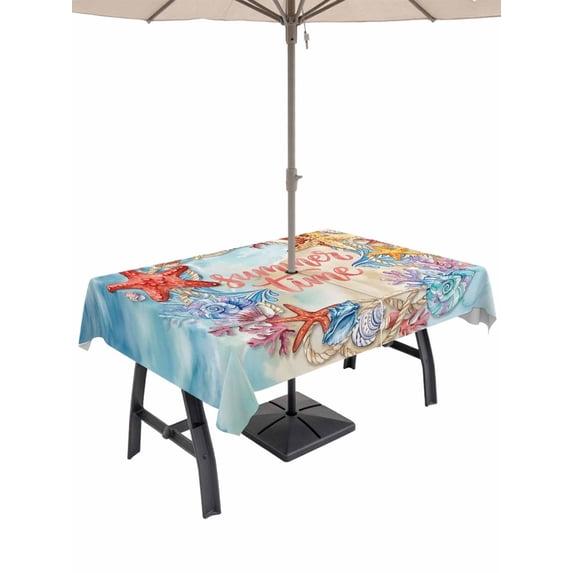 Outdoor Tablecloth with Umbrella Hole for Patio/Picnic/Party/Camping, Summer Nautical Waterproof Table Cloth Rectangle Table Cover Washable, Ocean Beach Waves Marine Starfish Coral Shell (60"x 102")
