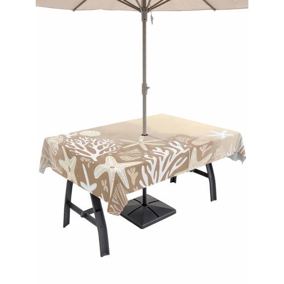 Outdoor Tablecloth with Umbrella Hole for Patio/Picnic/Party/Camping, Summer Ocean Starfish Waterproof Table Cloth Rectangle Table Cover Washable, Coastal Coral Beach Conch Vintage Brown (52"x 70")