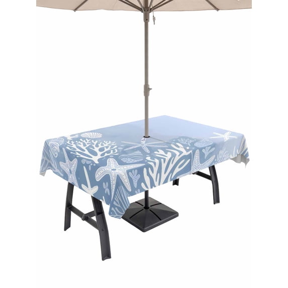 Outdoor Tablecloth with Umbrella Hole for Patio/Picnic/Party/Camping, Summer Ocean Starfish Waterproof Table Cloth Rectangle Table Cover Washable, Coastal Coral Beach Conch Light Purple (52"x 70")