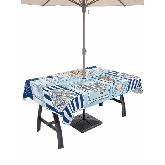 Outdoor Tablecloth with Umbrella Hole for Patio/Picnic/Party/Camping, Summer Ocean Waterproof Table Cloth Rectangle Table Cover Washable, Blue Coastal Fish Food Wine Crab Sailboat (60"x 120")