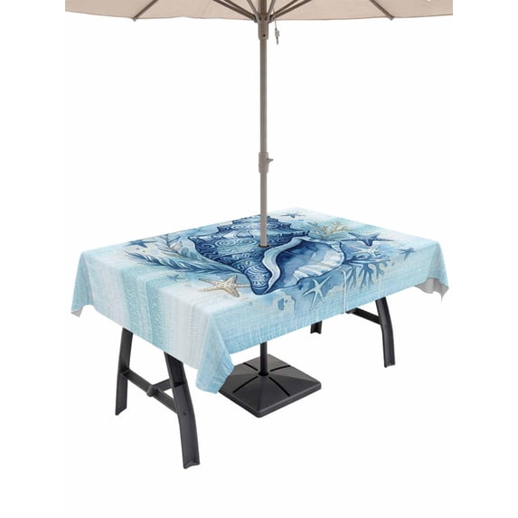 Outdoor Tablecloth with Umbrella Hole for Patio/Picnic/Party/Camping, Summer Ocean Waterproof Table Cloth Rectangle Table Cover Washable, Nautical Coastal Conch Starfish Coral Ombre Blue (54"x 80")