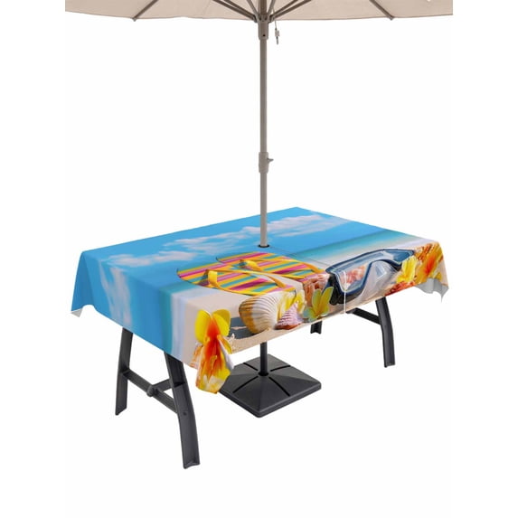 Outdoor Tablecloth with Umbrella Hole for Patio/Picnic/Party/Camping, Summer Ocean Waterproof Table Cloth Rectangle Table Cover Washable, Sea Beach Flip Flops Conch Flowers Sky Blue (54"x 80")
