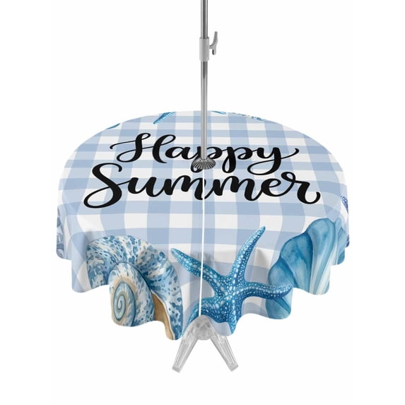 Outdoor Tablecloth with Umbrella Hole for Patio/Picnic/Party/Camping, Summer Ocean Waterproof Table Cloth Round Cover Washable, Blue Coastal Starfish Seashell Conch Plaid (Dia 60")