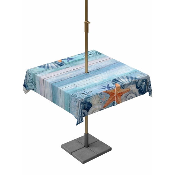 Outdoor Tablecloth with Umbrella Hole for Patio/Picnic/Party/Camping, Summer Ocean Waterproof Table Cloth Square Cover Washable, Coastal Shells Starfish Coral Conch Wooden Blue (54"x 54")
