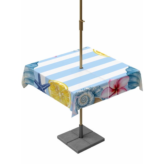 Outdoor Tablecloth with Umbrella Hole for Patio/Picnic/Party/Camping, Summer Ocean Waterproof Table Cloth Square Cover Washable, Sea Starfish Shell Flowers Lemon Blue Stripes (60"x 60")