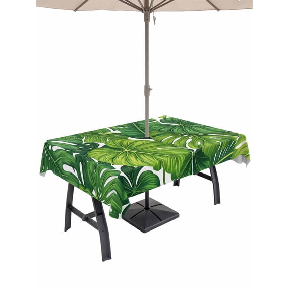 Outdoor Tablecloth with Umbrella Hole for Patio/Picnic/Party/Camping, Summer Palm Leaves Waterproof Table Cloth Rectangle Table Cover Washable, Tropical Green Botanical (60"x 120")