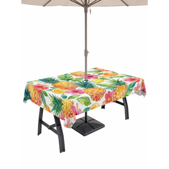 Outdoor Tablecloth with Umbrella Hole for Patio/Picnic/Party/Camping, Summer Pineapple Waterproof Table Cloth Rectangle Table Cover Washable, Tropical Fruits Lemon Watercolor (52"x 70")