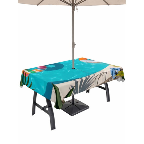 Outdoor Tablecloth with Umbrella Hole for Patio/Picnic/Party/Camping, Summer Pool Waterproof Table Cloth Rectangle Table Cover Washable, Tropical Botanical Swimming Ring (52"x 70")