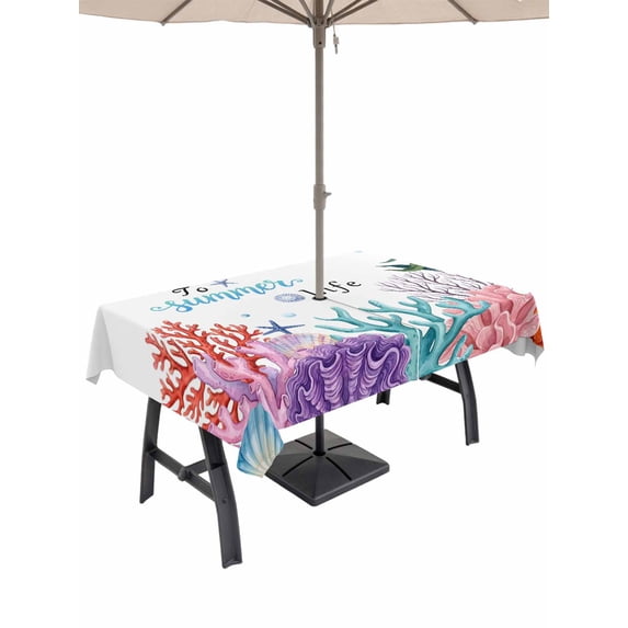 Outdoor Tablecloth with Umbrella Hole for Patio/Picnic/Party/Camping, Summer Sea Coral Waterproof Table Cloth Rectangle Table Cover Washable, Nautical Coastal Seaweed Starfish Watercolor (60"x 84")