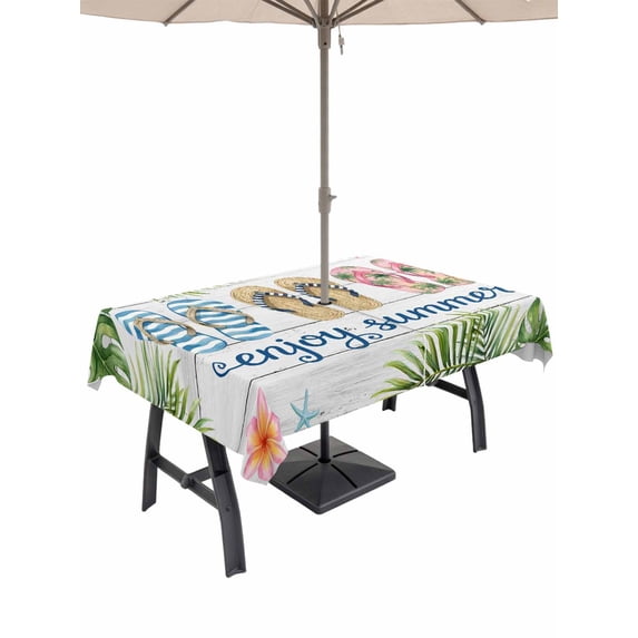 Outdoor Tablecloth with Umbrella Hole for Patio/Picnic/Party/Camping, Summer Slippers Waterproof Table Cloth Rectangle Table Cover Washable, Tropical Botanical Palm Leaves Vintage (60"x 102")