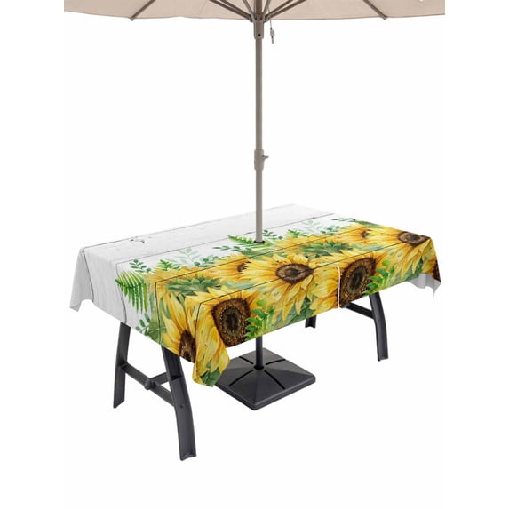 Outdoor Tablecloth with Umbrella Hole for Patio/Picnic/Party/Camping, Summer Sunflowers Waterproof Table Cloth Rectangle Table Cover Washable, Botanical Blooms Florals Wooden Grain (60"x 102")