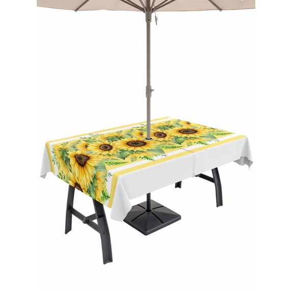 Outdoor Tablecloth with Umbrella Hole for Patio/Picnic/Party/Camping, Summer Sunflowers Waterproof Table Cloth Rectangle Table Cover Washable, Botanical Yellow Flowers Striped (60"x 120")