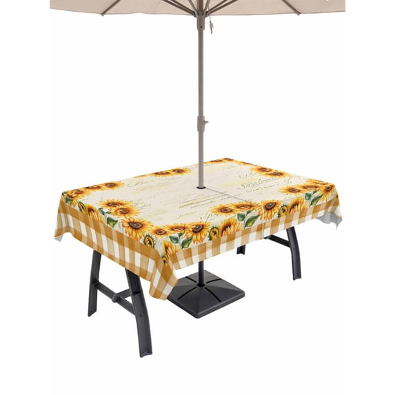 Outdoor Tablecloth with Umbrella Hole for Patio/Picnic/Party/Camping, Summer Sunflowers Waterproof Table Cloth Rectangle Table Cover Washable, Country Botanical Flowers Leaves (52"x 70")