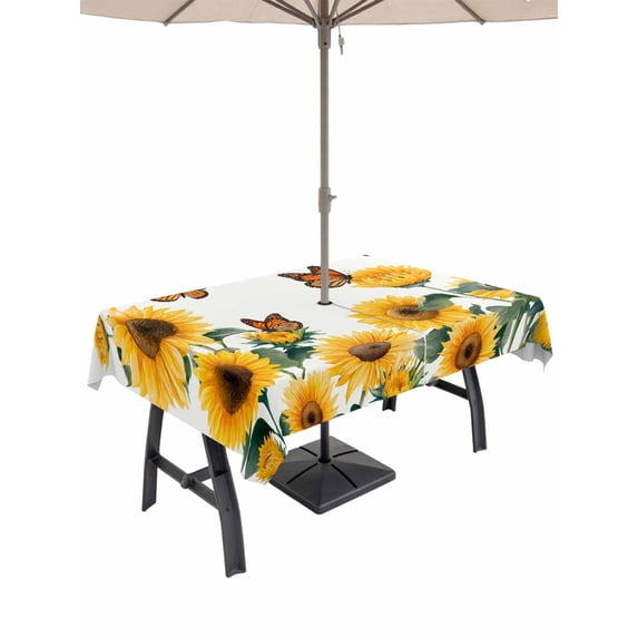 Outdoor Tablecloth with Umbrella Hole for Patio/Picnic/Party/Camping, Summer Sunflowers Waterproof Table Cloth Rectangle Table Cover Washable, Rustic Floral Farmhouse Butterflies Garden (60"x 120")