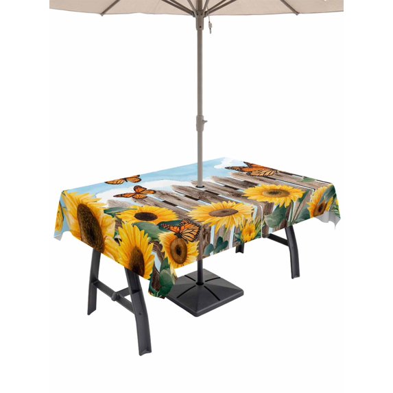Outdoor Tablecloth with Umbrella Hole for Patio/Picnic/Party/Camping, Summer Sunflowers Waterproof Table Cloth Rectangle Table Cover Washable, Rustic Floral Fence Butterflies Blue Sky (52"x 70")