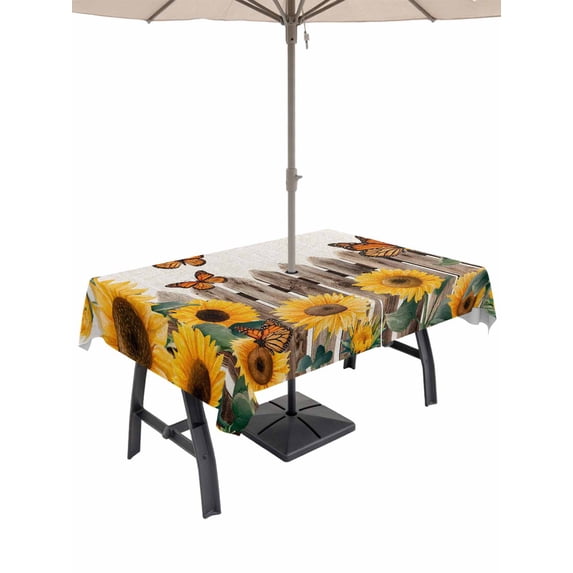 Outdoor Tablecloth with Umbrella Hole for Patio/Picnic/Party/Camping, Summer Sunflowers Waterproof Table Cloth Rectangle Table Cover Washable, Rustic Floral Fence Farmhouse Butterflies (60"x 120")