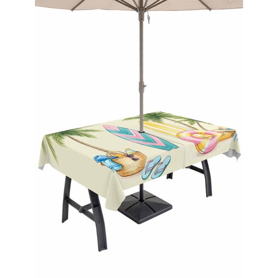 Outdoor Tablecloth with Umbrella Hole for Patio/Picnic/Party/Camping, Summer Surfboard Waterproof Table Cloth Rectangle Table Cover Washable, Tropical Palm Tree Coastal Swimming Ring (60"x 120")