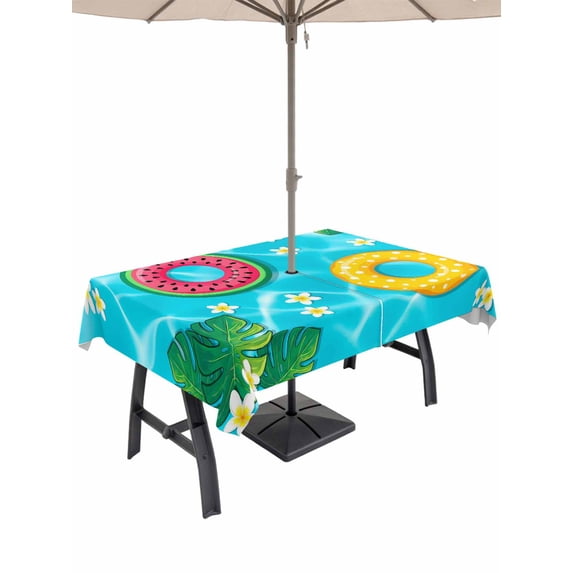 Outdoor Tablecloth with Umbrella Hole for Patio/Picnic/Party/Camping, Summer Swimming Pool Waterproof Table Cloth Rectangle Table Cover Washable, Floral Plumeria Palm Leaves (54"x 80")