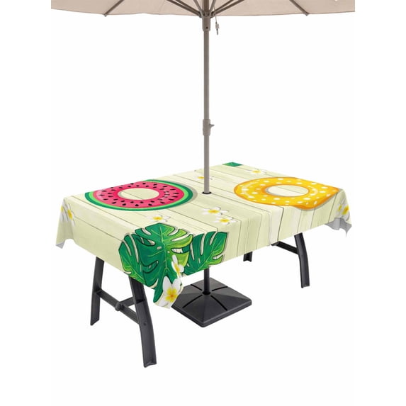 Outdoor Tablecloth with Umbrella Hole for Patio/Picnic/Party/Camping, Summer Swimming Rings Waterproof Table Cloth Rectangle Table Cover Washable, Floral Plumeria Yellow Wooden (60"x 120")