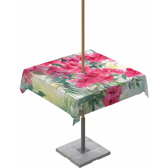 Outdoor Tablecloth with Umbrella Hole for Patio/Picnic/Party/Camping, Summer Tropical Plants Waterproof Table Cloth Square Cover Washable, Watercolor Wildflowers Leaves 60"x 60"