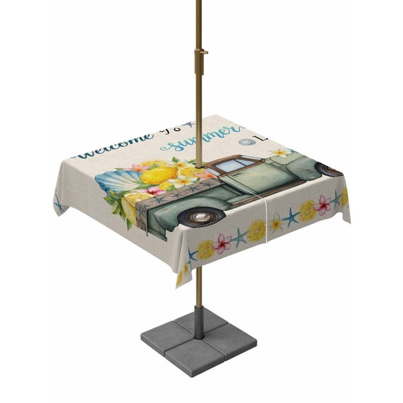 Outdoor Tablecloth with Umbrella Hole for Patio/Picnic/Party/Camping, Summer Truck Lemon Waterproof Table Cloth Square Cover Washable, Nautical Coastal Linen Texture (60"x 60")