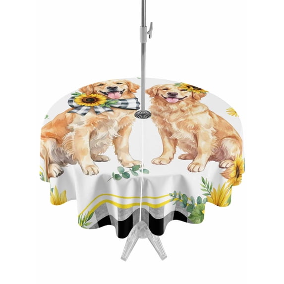 Outdoor Tablecloth with Umbrella Hole for Patio/Picnic/Party/Camping, Sunflower Dogs Waterproof Table Cloth Round Cover Washable, Cute Puppy Black Buffalo Plaid (Dia 60")