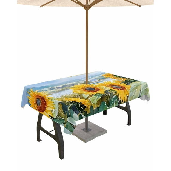 Outdoor Tablecloth with Umbrella Hole for Patio/Picnic/Party/Camping, Sunflower Floral Waterproof Table Cloth Rectangle Table Cover Washable, Watercolor Mountain Rustic Botanical 54"x 80"
