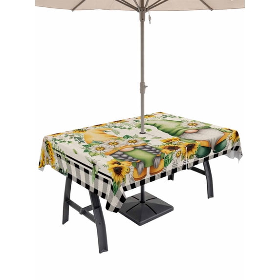 Outdoor Tablecloth with Umbrella Hole for Patio/Picnic/Party/Camping, Sunflower Gnomes Waterproof Table Cloth Rectangle Table Cover Washable, Spring Farmhouse Vintage Daisy Floral Leaf (54"x 80")