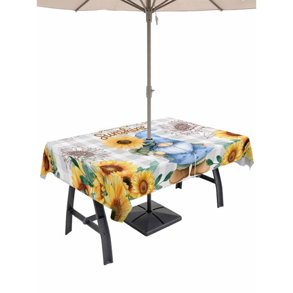 Outdoor Tablecloth with Umbrella Hole for Patio/Picnic/Party/Camping, Sunflower Gnomes Waterproof Table Cloth Rectangle Table Cover Washable, Summer Botanical Floral Grey Plaid (60"x 120")