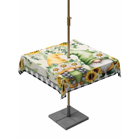 Outdoor Tablecloth with Umbrella Hole for Patio/Picnic/Party/Camping, Sunflower Gnomes Waterproof Table Cloth Square Cover Washable, Spring Farmhouse Vintage Daisy Leaf Plaid (60"x 60")