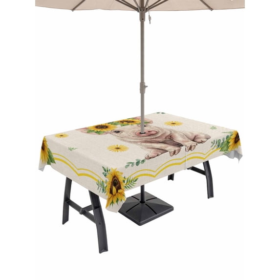 Outdoor Tablecloth with Umbrella Hole for Patio/Picnic/Party/Camping, Sunflower Pig Waterproof Table Cloth Rectangle Table Cover Washable, Summer Eucalyptus Retro Linen Texture (60"x 84")