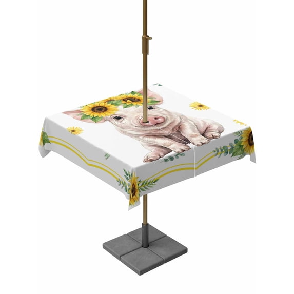 Outdoor Tablecloth with Umbrella Hole for Patio/Picnic/Party/Camping, Sunflower Pig Waterproof Table Cloth Square Cover Washable, Summer Eucalyptus Yellow Lace (54"x 54")