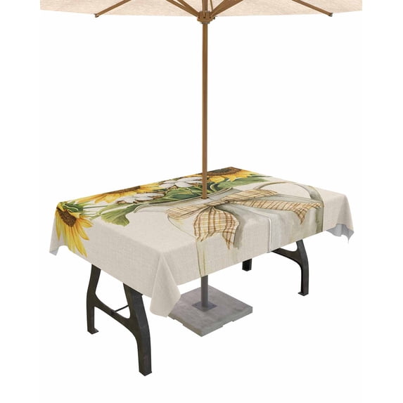 Outdoor Tablecloth with Umbrella Hole for Patio/Picnic/Party/Camping, Sunflower Waterproof Table Cloth Rectangle Table Cover Washable, Farm Plant Vintage Floral Watercolor Beige 60"x 120"