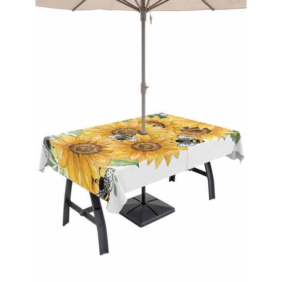 Outdoor Tablecloth with Umbrella Hole for Patio/Picnic/Party/Camping, Sunflower Waterproof Table Cloth Rectangle Table Cover Washable, Green Botanical Yellow Floral Summer (60"x 120")