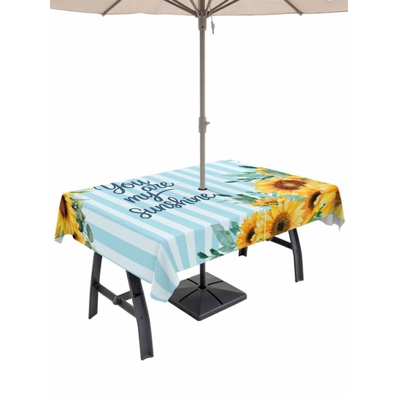 Outdoor Tablecloth with Umbrella Hole for Patio/Picnic/Party/Camping, Sunflower Waterproof Table Cloth Rectangle Table Cover Washable, Summer Botanical Yellow Floral Blue Striped (52"x 70")
